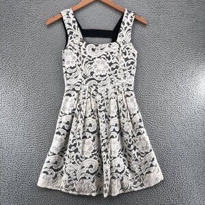 Monteau Dress Women Medium White Lace Overlay Fit & Flare Square Neck Mini Pleat